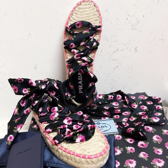 Authentic Prada BRAND NEW Wrap Around Floral Espadrille Platform Flats - Picture 8 of 10